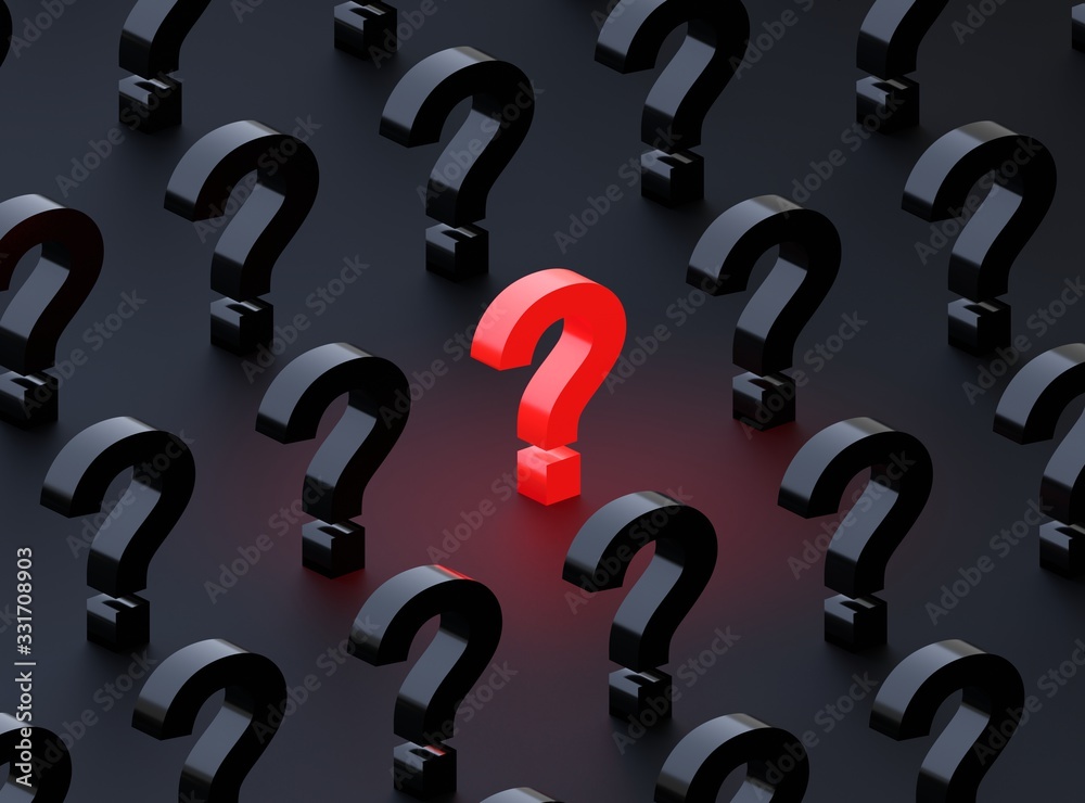 Question mark between other questions. FAQ conceptual design 3D render Question mark between other questions. FAQ conceptual design 3D render