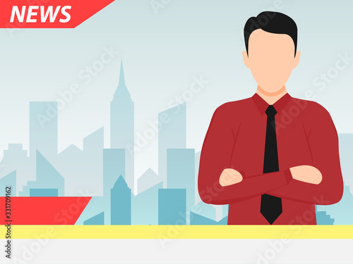 Anchor TV presenters man. Online breaking news concept vector illustration. Flat design of broadcasting on city background.