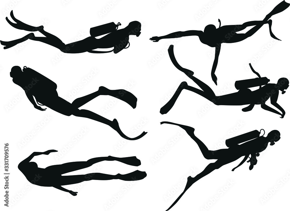diver silhouettes set black on a white background