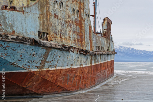 KHATGAL, MONGOLIA, February 23, 2020 : Old ships are caught in the ice of Khvosgol Lake. Lake Khövsgöl is the largest fresh water lake in Mongolia, located near the northern border of the land. © Pierre-Jean DURIEU
