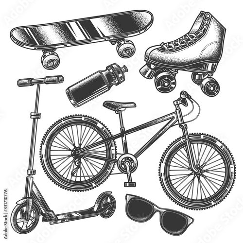 Original monochrome vector set in vintage style. Bicycle, scooter, skateboard, roller skates.