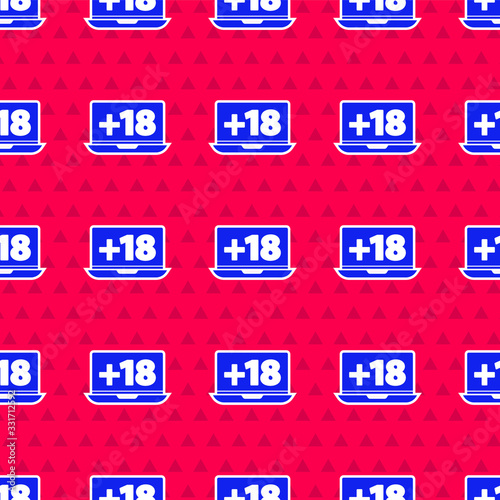 Blue Laptop with 18 plus content icon isolated seamless pattern on red background. Age restriction symbol. Adult channel. Vector Illustration