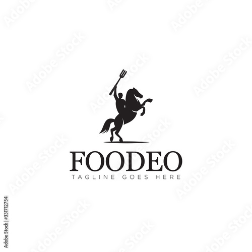Fototapeta foodeo logo, from food and rodeo with horse and army bring fork as weapon vector