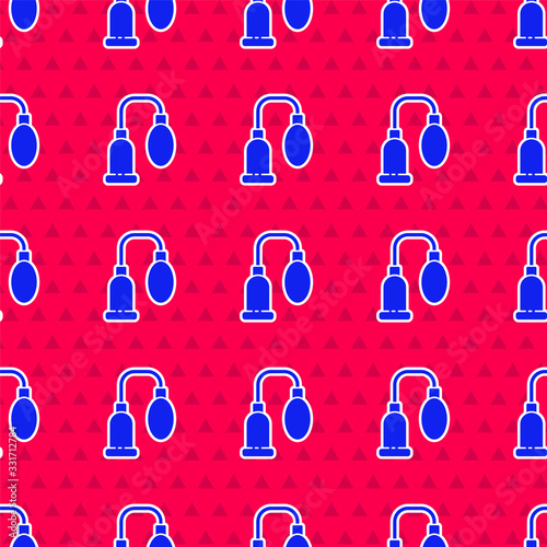 Blue Penis pump icon isolated seamless pattern on red background. Penis enlarger. Sex toy for men. Vacuum pump with a blower to increase the penis. Vector Illustration