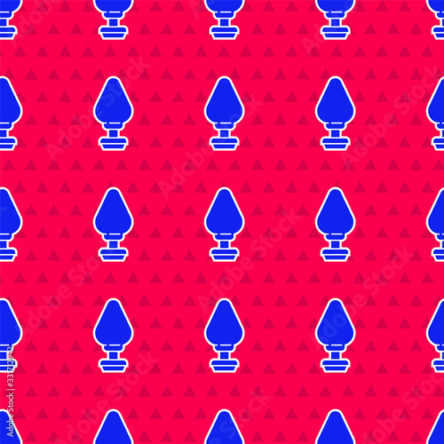 Blue Anal plug icon isolated seamless pattern on red background. Butt plug sign. Fetish accessory. Sex toy for men and woman. Vector Illustration
