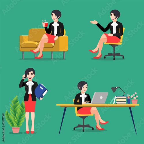 Cartoon character with business woman poses set. Business people working, sitting at desk and using laptop on green background, flat icon vector