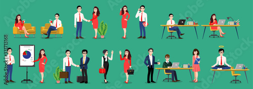 Cartoon character with business man and business woman poses set. Business people working, sitting at dest and using laptop on green background, flat icon vector