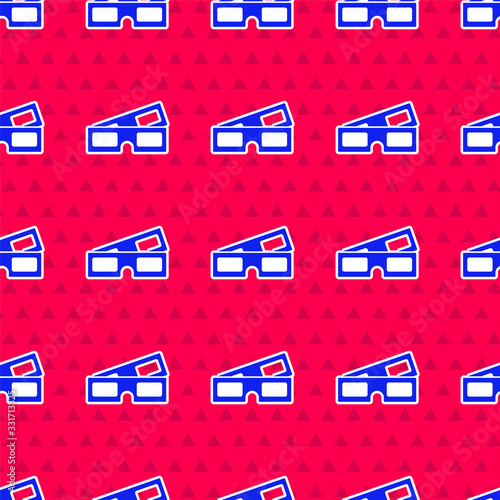 Blue 3D cinema glasses icon isolated seamless pattern on red background. Vector Illustration