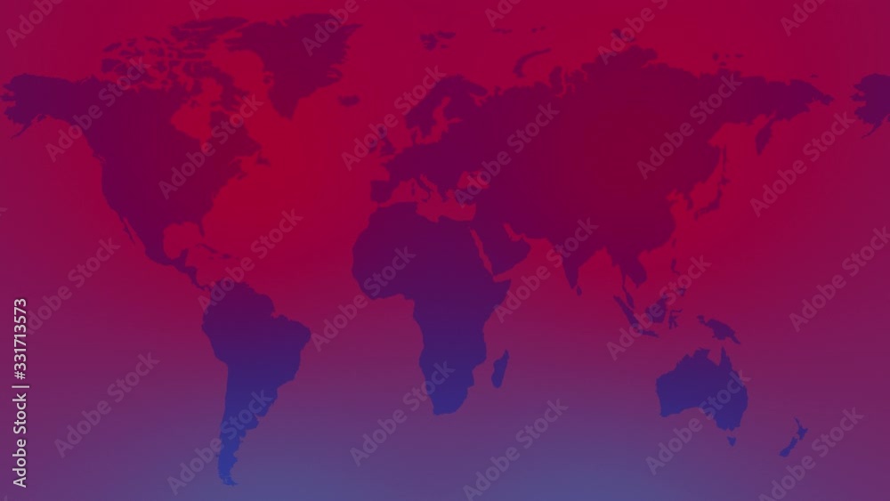 Gradient World Map Loop. Artistic interpretation of world map on gradient blue pink backgrounds, seamless loop.