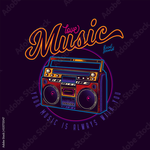 Original, musical vector emblem in neon style. Old cassette player. Boombox