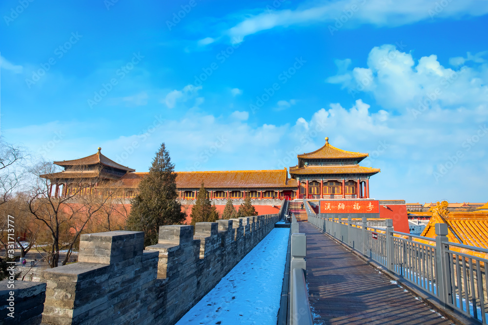 Pedestrian path on the  wall of Wumen (Meridian Gate) of the Forbidden City in Beijing, China