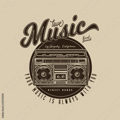 Original, monochrome, vector music emblem in retro style. Old cassette player. Boombox