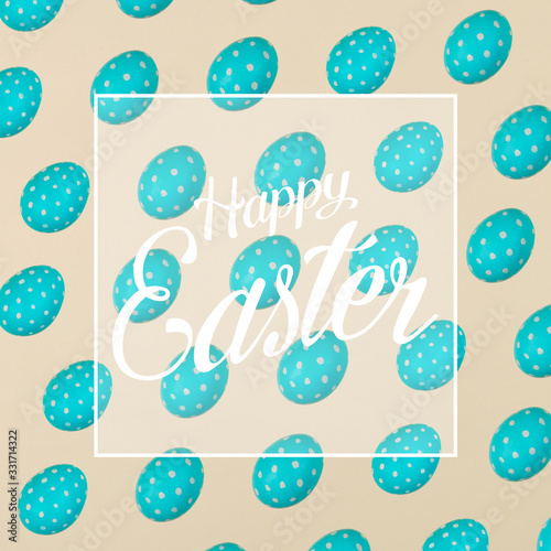 Blue Easter eggs on a yellow background. Festive preparation, pattern, repetition, banner. Text, Happy Easter, greeting card, postcard.