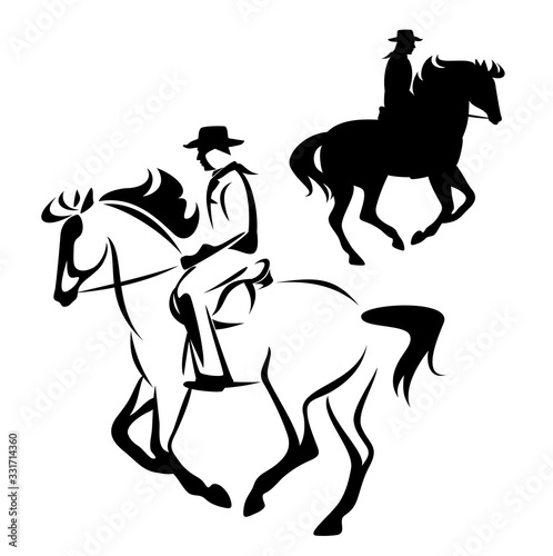 cowboy ranger riding running horse - side view man outline and silhouette black and white vector design © Cattallina