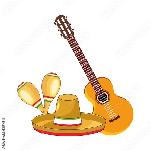 traditional mexican hat with guitar and maracas