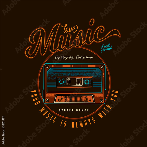 Original, musical vector emblem. Vintage music audio-cassette with magnetic tape. 