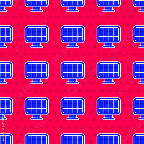 Blue Solar energy panel icon isolated seamless pattern on red background. Vector Illustration