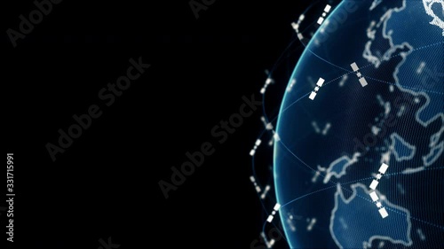 wireless internet data wifi connectivity by a global system of telecommunication satellites in 3D rendering concept animation on black background in 4K