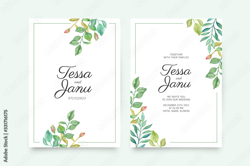 Elegant wedding card template with hand painted leaves watercolor