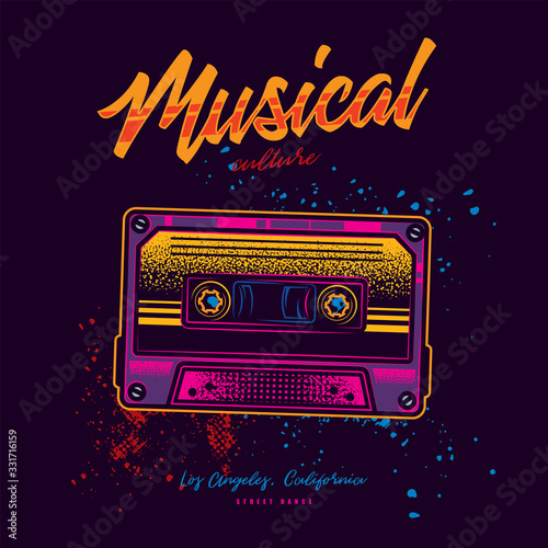 Stylish, original vector illustration in neon style. Vintage music cassette with magnetic tape. 