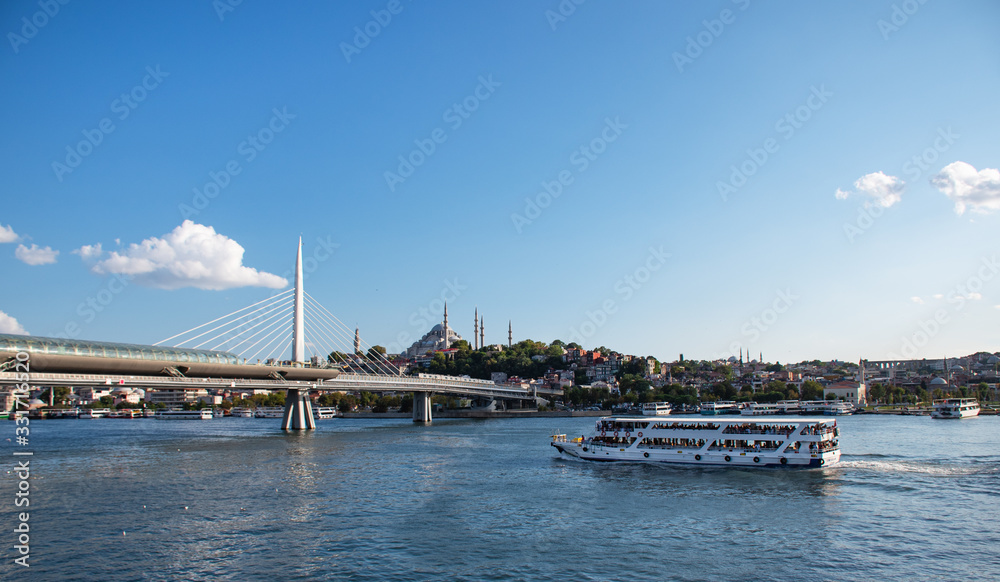 summer Sunny landscape in Istanbul. Strait through the Bosphorus with a view of the blue mosque.