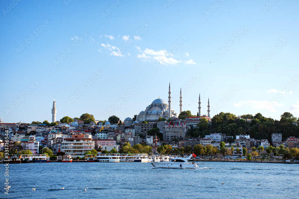 Istanbul. Sea view of the blue mosque across the Bosphorus Strait