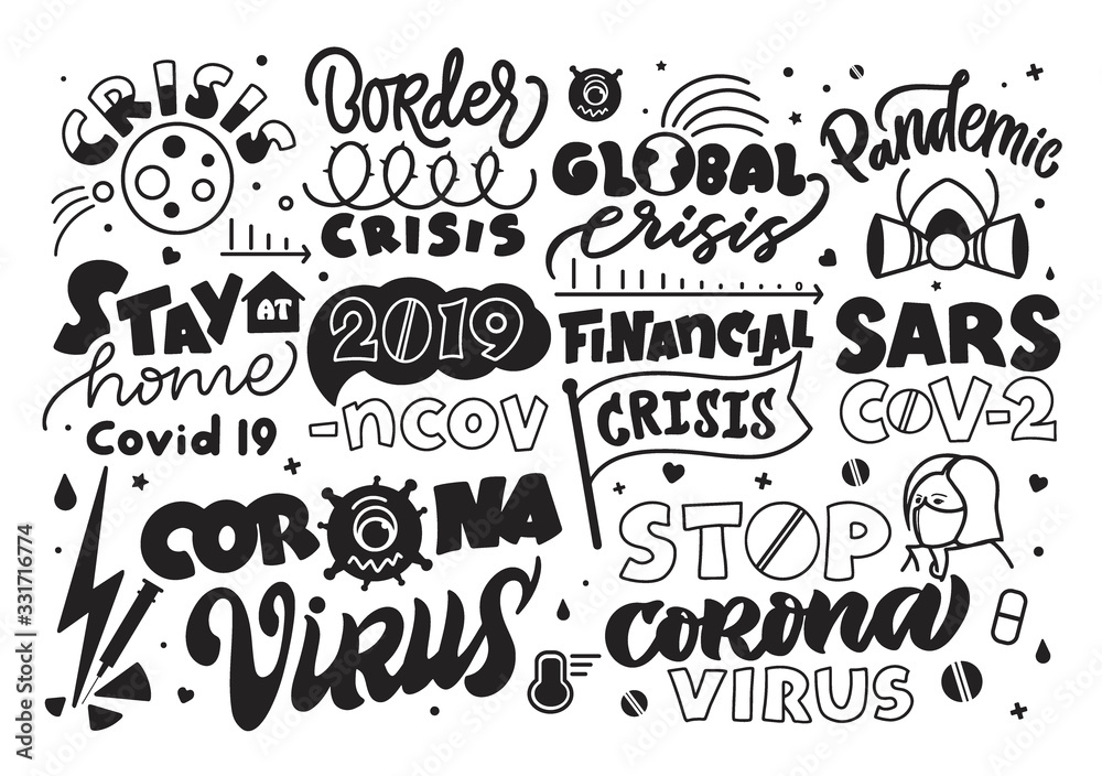 Coronavirus covid-19 2019-nCoV. Set of lettering phrases, emblems, logos, hand-drawn text, icons