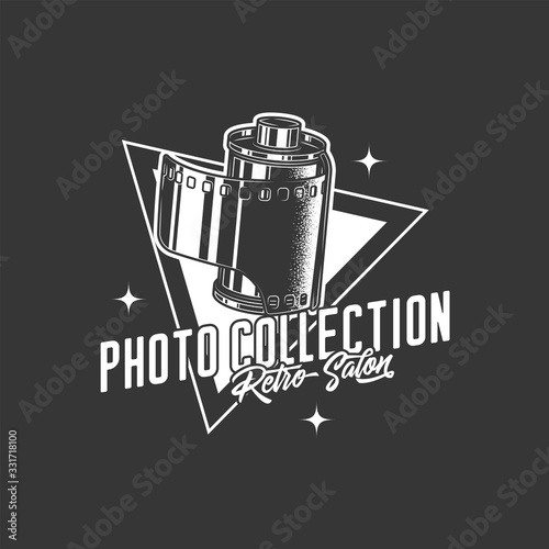 Original monochrome vector retro emblem. Film for the camera. T-shirt design