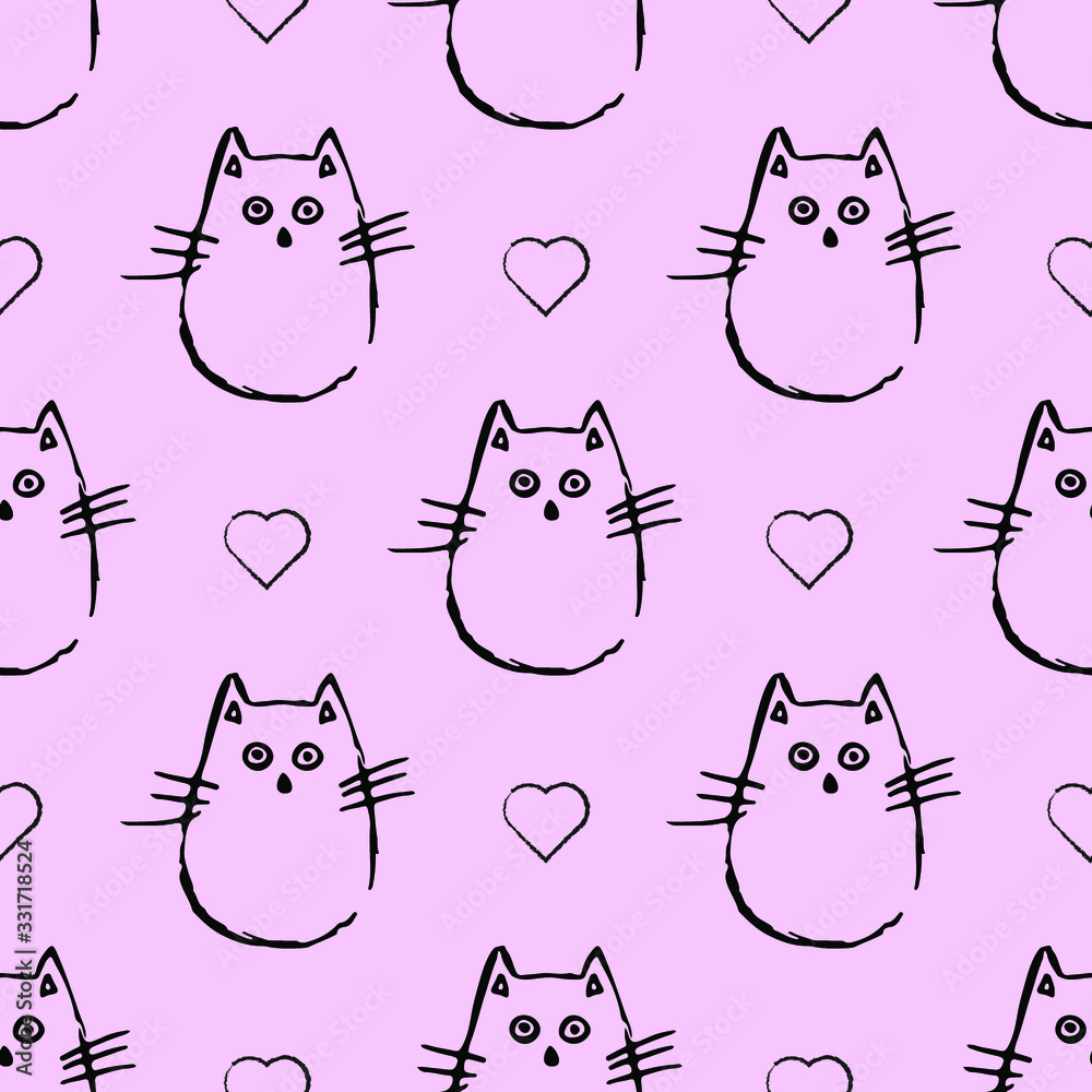 Abstract seamless pattern with black outline cat and heart on pink background