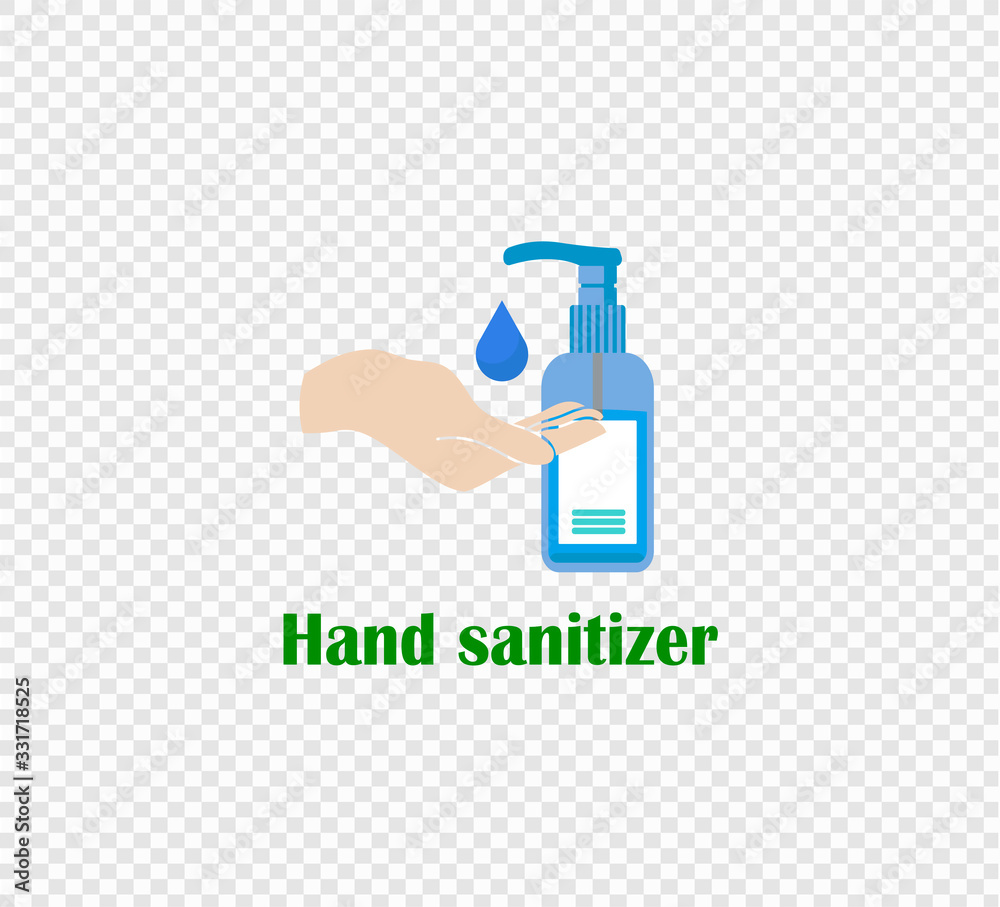 Hand antiseptic - flat vector illustration of a plastic jar with a dispenser and antibacterial substance and a hand on a transparent background. Prevention from bacteria and viruses. World coronavirus