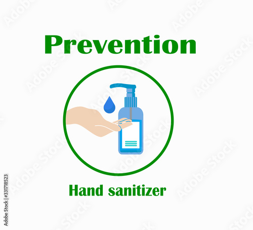 Hand antiseptic - flat vector illustration of a plastic jar with a dispenser and antibacterial substance and prophylaxis against bacteria and viruses.