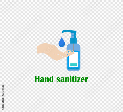 Hand antiseptic - flat vector illustration of a plastic jar with a dispenser and antibacterial substance and a hand on a transparent background. Prevention from bacteria and viruses. World coronavirus