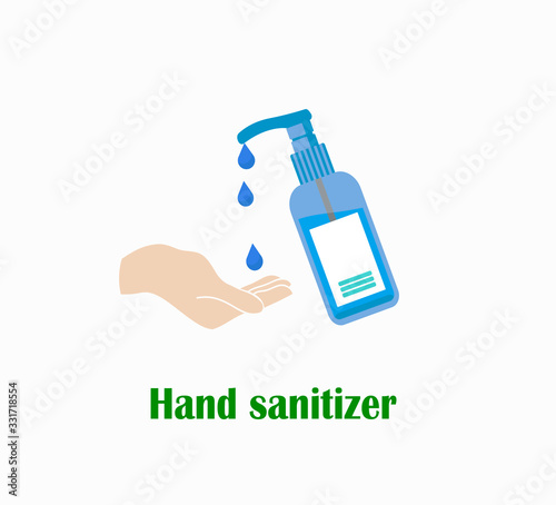 Hand antiseptic - flat vector illustration of a plastic jar with a dispenser and antibacterial substance. Prevention from bacteria and viruses. World coronavirus pandemic
