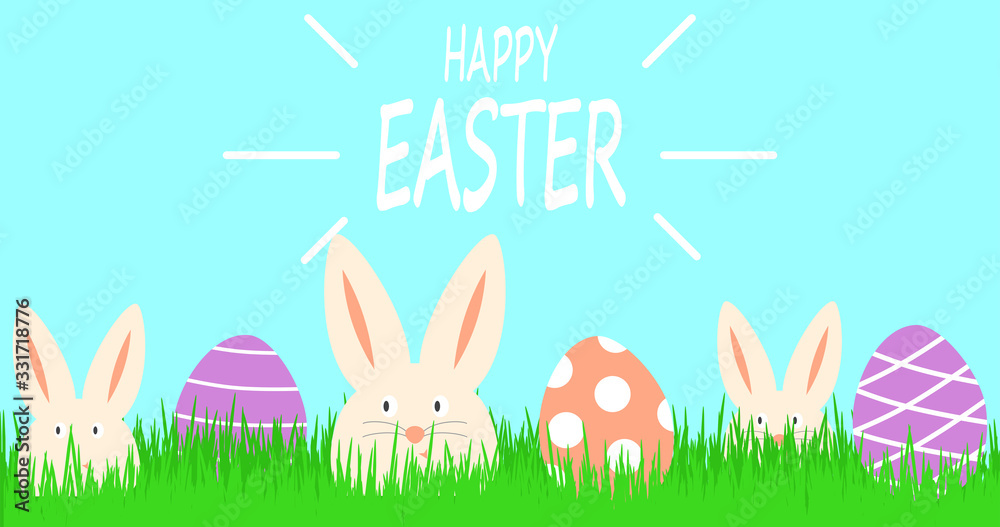 Happy Easter banner with three funny white rabbits and colorful easter eggs. Happy Easter banner with three funny white rabbits and colorful easter eggs.