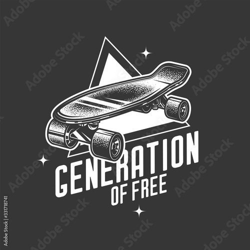 Original monochrome vector retro emblem. Vintage skateboard on the background of a text composition. T-shirt design