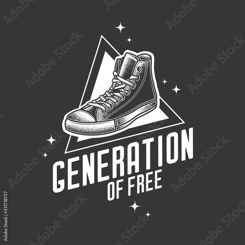 Original monochrome vector retro emblem. Vintage sneakers on the background of a text composition. T-shirt design