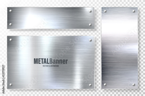 Realistic shiny metal banners set. Brushed steel plate. Polished silver metal surface. Vector illustration.