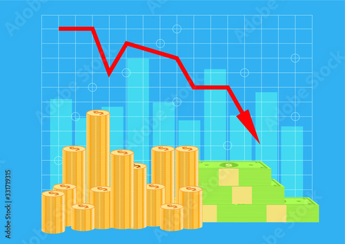 Business finance crisis,  graph down, red Indication arrows, vector design
