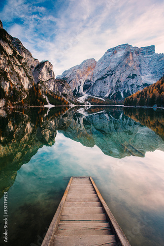 Amazing view of Lago di Braies (Pragser Wildsee), most beautiful lake in South Tirol, Dolomites mountains, Italy. Popular tourist attraction. Beautiful Europe.