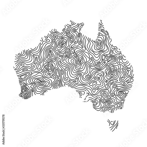 Australia map from black isolines or level line geographic topographic map grid. Vector illustration.