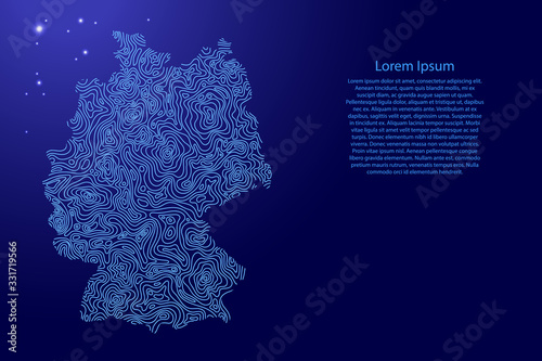 Germany map from blue isolines or level line geographic topographic map grid and glowing space stars. Vector illustration.