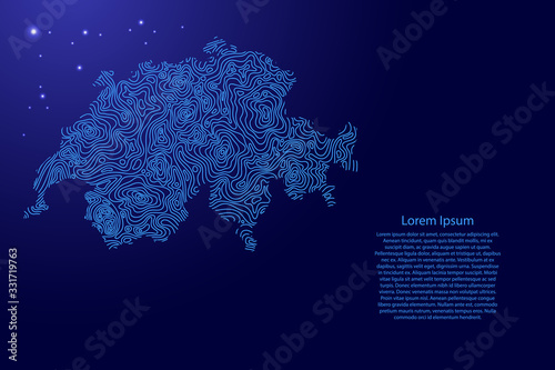 Switzerland map from blue isolines or level line geographic topographic map grid and glowing space stars. Vector illustration.