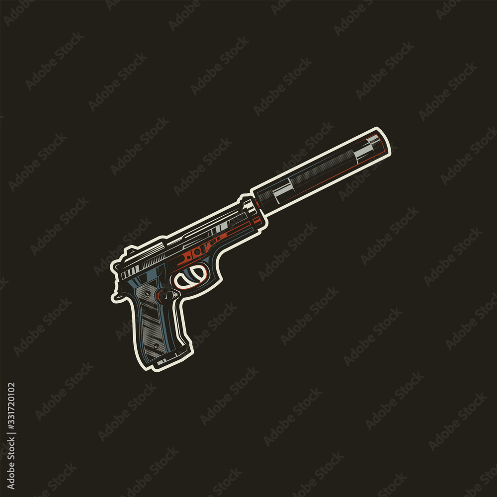 Pistol with a silencer. Original vector illustration, icon in retro style. Pistol with a silencer. Original vector illustration, icon in retro style.