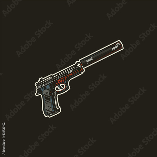 Fototapeta Pistol with a silencer. Original vector illustration, icon in retro style.