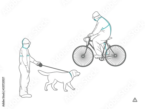 A man in a protective suit rides a bicycle and walks a dog in the park. Full body protective clothes. Personal protective equipment against viruses and pesticides.