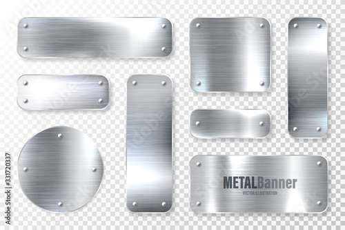 Realistic shiny metal banners set. Brushed steel plate. Polished silver metal surface. Vector illustration.