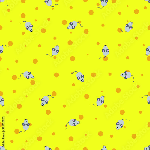 Abstract seamless pattern with mouse on cheese yellow background with circles