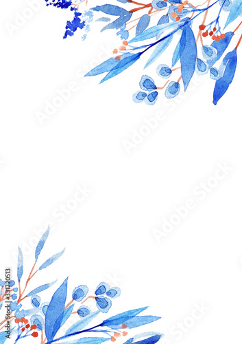 Watercolor loose botanic beautiful floral clip art. Elegant floral border, corner with blue flowers and leaves, hand drawn. Design for invitation, wedding, save the date or greeting cards