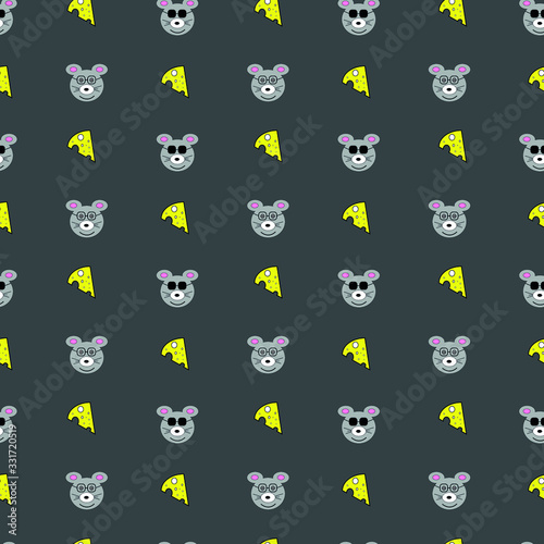 Cool gray mouse in glasses and a piece of cheese on a black background. Seamless pattern