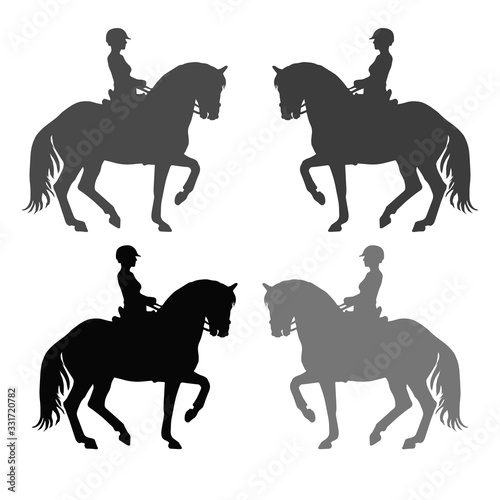 multicolored isolated silhouettes of a female rider on a Spanish horse, dressage